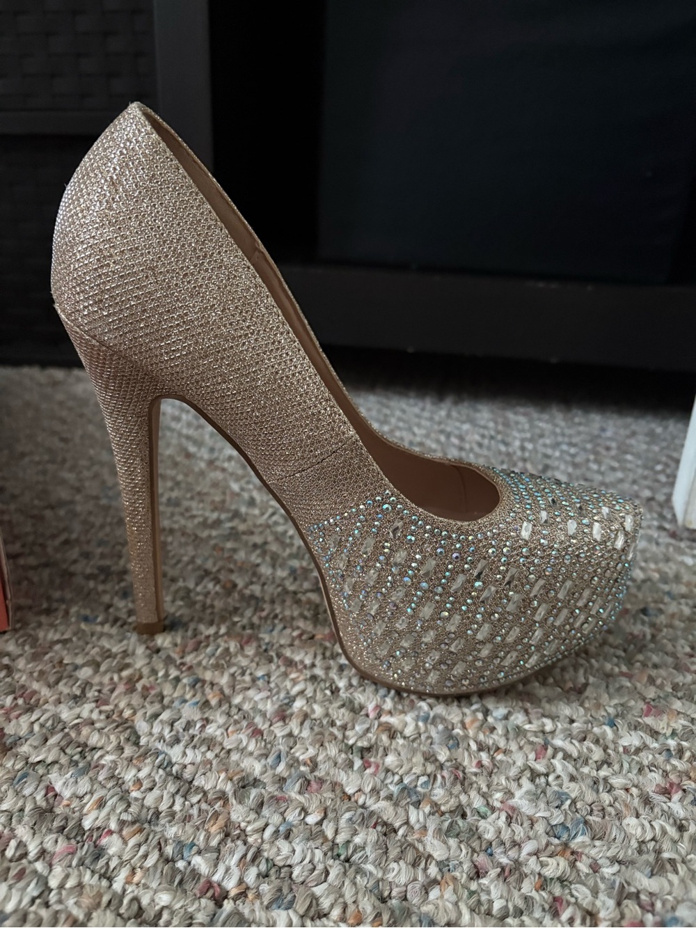 Women's Gold Glitter Platform Stiletto Pumps with Crystal Accents